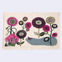 Decorative rectangle tea towel with colorful floral design on a plain background with a small bird in a pond.