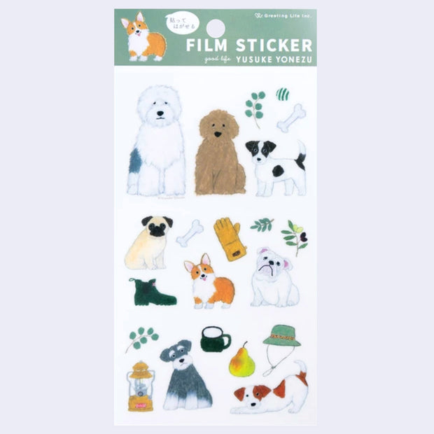 Sticker sheet featuring illustrations of a variety of dogs all front facing and with varying expressions.
