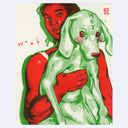 Red and green ink risograph print of a muscular person holding a green dog, who has its tongue barely out and an obedient expression.