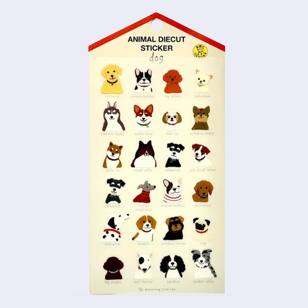 Sticker sheet with die cut stickers of dogs, all different breeds. Dogs are seen from the neck up, with differing collars and clothes.