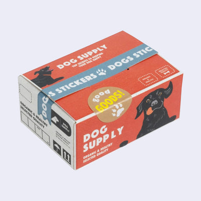 Box of stickers, made to look like a cardboard shipping box holding dog supplies, with labeling and illustrations on the exterior that mimic the real thing.