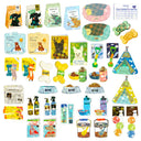 Lineup of approximately 40 dog supply themed flake stickers, all with a slight holographic shine. Stickers include: dog food, dog beds, dog toys, etc.