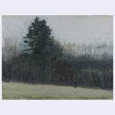 An impressionist landscape painting depicting a winter forest scene with bare trees, a dark evergreen, and a small figure with a bright orange hat standing in a pale field under a misty sky.