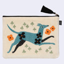 Pouch with a blue dog design and flowers on a beige background