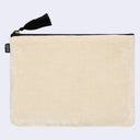 Beige pouch with a black zipper and tassel on a white background