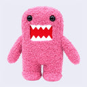 A pink fuzzy plush toy with a wide open mouth showing white teeth and a red interior, set against a plain light gray background.
