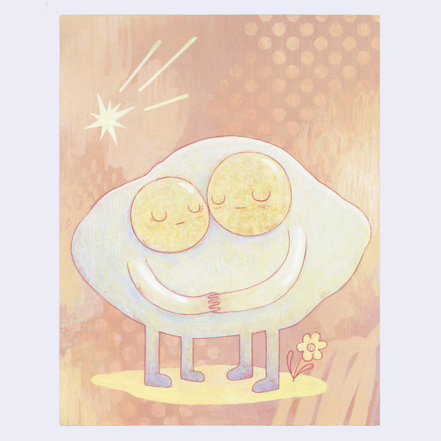 Illustration of a character of an egg with two yolks, they hold hands with their faces touching.