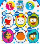 A colorful image featuring cartoon character illustrations of Doraemon characters and Korean text, with question-mark graphics at the top and six character portraits arranged in two rows on a polka-dotted background.