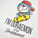 Close up of an illustrated graphic of Doraemon, a blue earless cat character, wearing a backwards red hat and riding a yellow skateboard. Text reads "I'm Doraemon plays skateboard"