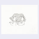 Graphite illustration of 2 girls with fluffy hair, close enough to one another that their hair combines.