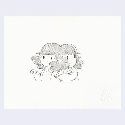 Graphite illustration of 2 girls with fluffy hair, close enough to one another that their hair combines.