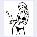 Black and white illustration of a person wearing a bikini with 'DOUZO' writing 