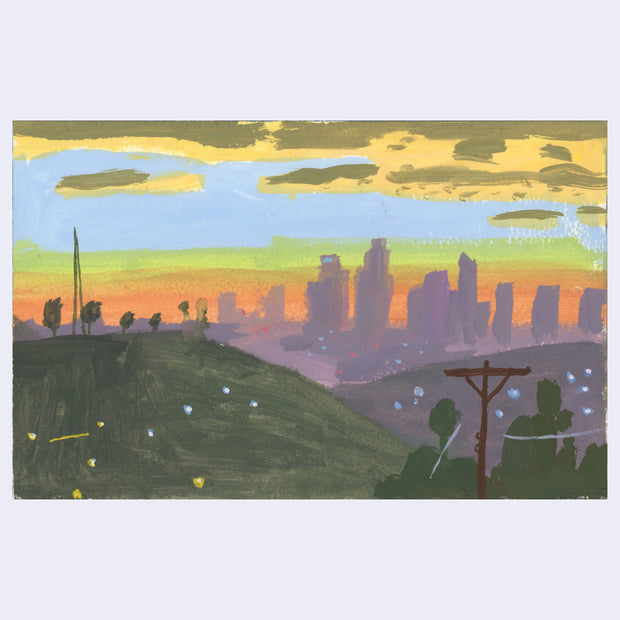 Plein air painting of a skyline view of DTLA, purple in silhouette with a blue and orange sunset.