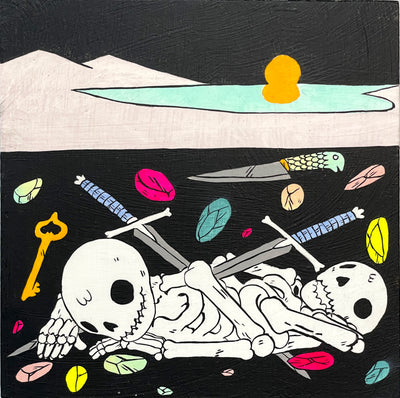 Painting of 2 cartoon skeletons, buried underground with 2 swords and many gems, a knife, and a key. Above ground is flat land with a lake, a yellow sun setting over it.