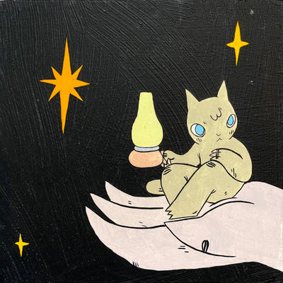 Painting of a tan cartoon cat, sitting in the palm of a large hand. It holds a lantern and looks off to the side. Background is black with some yellow stars.