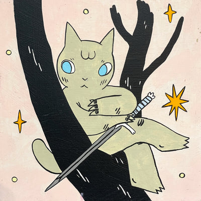 Painting of a tan cartoon cat, sitting in a bare tree and looking off to the side. It holds a longsword in its lap. Background is pink with some yellow stars.