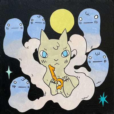 Painting of a light tan cartoon cat, grasping a golden key. 5 purple to pink ombre ghosts obscure the cat's body, floating like a smoke cloud around it.