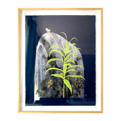 Collage style painting of a large grey and black marbled rock, with various gold flecks upon it. A tall green plant stands in front of the rock and a small white butterfly sits atop the rock.