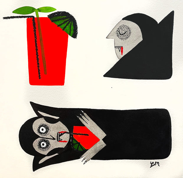 a square illustration with three items: A bright red, bloody mary drink with a straw, green umbrella and a sprig of some leaf garnish, dracula's profile with eyes closed and blood dripping from mouth, and dracula laying across the bottom with shadowy eyes open, with his arms wrapped around like a bat, drinking from a glass of bloody mary