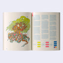 Open page book spread of Dreaming in Color, with one page featuring a fantasy style illustration of a willow tree with winding roots and many creatures all around. Second page has blocks of explanation text.