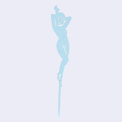 Blue die cut drink stirrer of a nude cartoon girl, standing with her hands behind her head and wearing her hair in a ponytail.