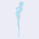Blue die cut drink stirrer of a nude cartoon girl, standing with her hands behind her back and wearing her hair in a short bob.
