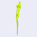 Neon green die cut drink stirrer of a nude cartoon girl, standing with her hands behind her head and wearing her hair in a ponytail.