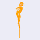 Orange die cut drink stirrer of a nude cartoon girl, standing with her hands behind her back and with a short bob haircut.