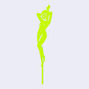 Neon green die cut drink stirrer of a nude cartoon girl, standing with her hands behind her head and wearing her hair in a ponytail.