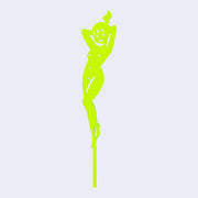 Neon green die cut drink stirrer of a nude cartoon girl, standing with her hands behind her head and wearing her hair in a ponytail.
