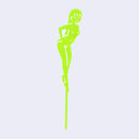 Neon green die cut drink stirrer of a nude cartoon girl, standing with her hands behind her back and wearing her hair in a short bob.