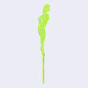 Neon green die cut drink stirrer of a nude cartoon girl, standing with her hands behind her back and wearing her hair in a short bob.