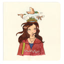 Illustration of a girl wearing a burgundy jacket, with her brown hair blowing in the wind. Atop her head is a pond and ducks fly above it among clouds.