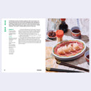 Recipe card with dumplings on a plate, chopsticks, and a small bowl of sauce.