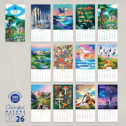 Colorful nature-themed calendar with illustrations of various landscapes and animals on a gray background.