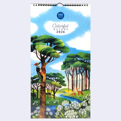2026 calendar with a nature-themed design featuring trees, a bird, and a deer.