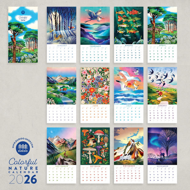 Colorful nature-themed calendar with illustrations of various landscapes and animals on a gray background.