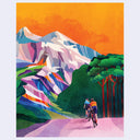 Colorful illustration of two people cycling through a mountainous landscape with a bright orange sky.