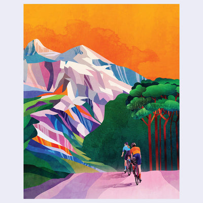 Colorful illustration of two people cycling through a mountainous landscape with a bright orange sky.