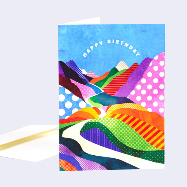 Colorful abstract design birthday card with 'Happy Birthday' text on a white background