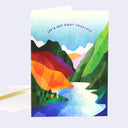 Greeting card with colorful mountain landscape and 'Let's Get Away Together' text.
