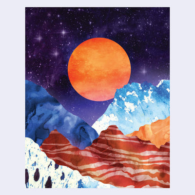 Surreal landscape with orange sun, blue mountains, and red striped foreground