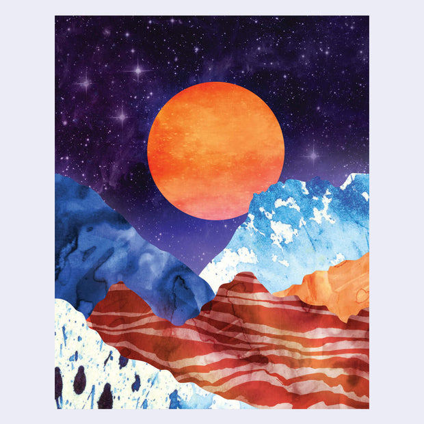 Surreal landscape with orange sun, blue mountains, and red striped foreground