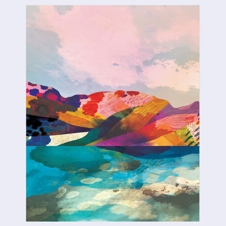 Colorful abstract painting of a lake in front of very colorful mountains under a pink cloudy sky.