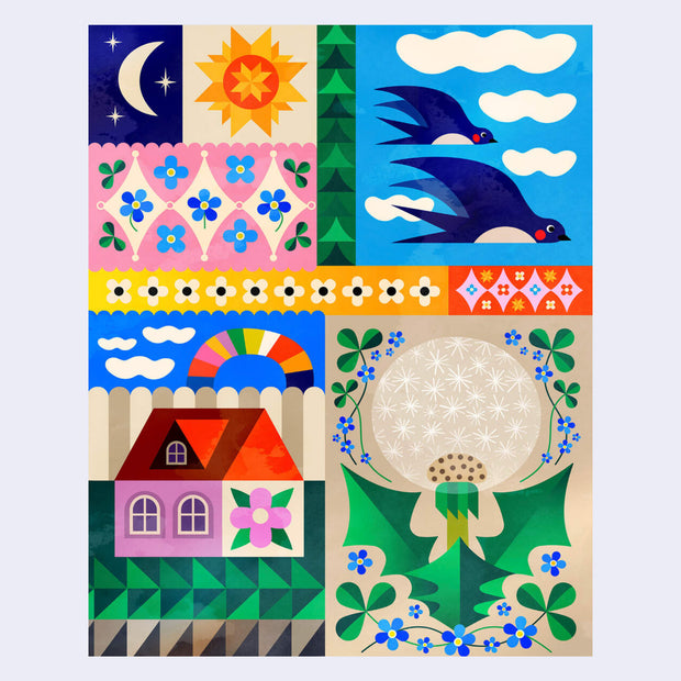 Art illustration divided into 4 different squares with quilt/textile like borders. Artwork contains folklore spring motifs.