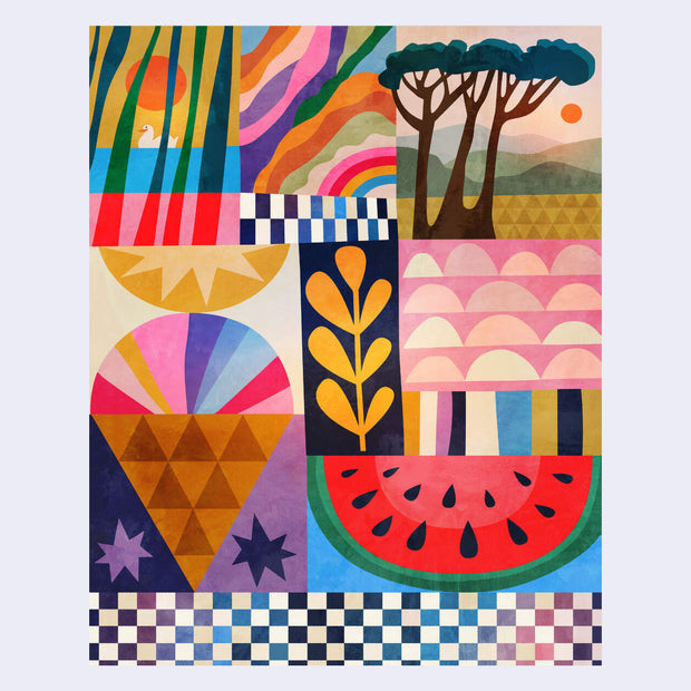 Colorful abstract artwork with geometric shapes and patterns