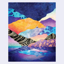 Colorful abstract landscape with mountains and zebra stripes on a blue background