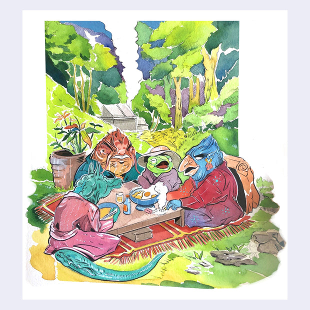 Colorful watercolor illustration on white paper of a group of 4 yokai sitting down at a picnic outside in an open field area. Yokai are a dragon, a fish, a frog and a bird, sharing food and talking. A small house is in the background between tall trees.