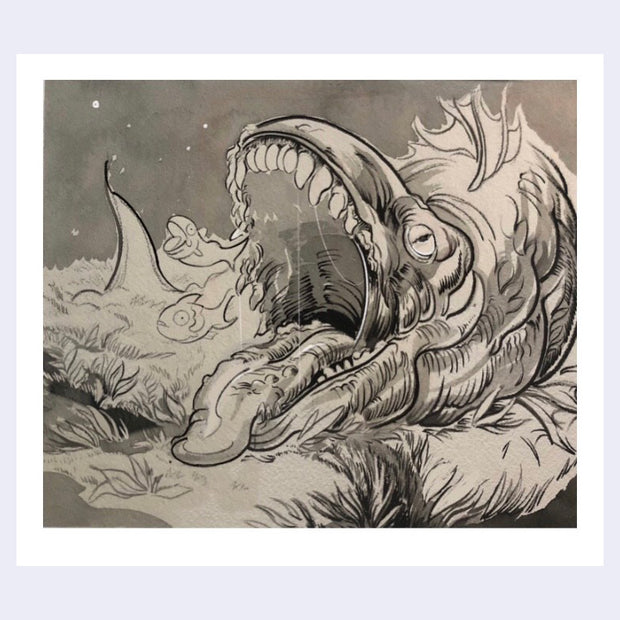Brownish greytone ink illustration of a large water monster, with its mouth wide open showing a large tongue and mainly teeth. In front of it 2 small fish pop out.