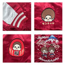 Red satin jacket with cartoon character and Mount Fuji design on a white background